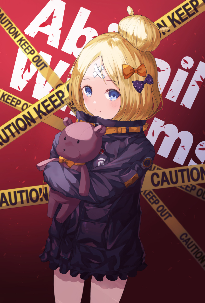 1girl abigail_williams_(fate/grand_order) absurdres background_text bangs black_jacket blonde_hair blue_eyes blush bow caution_tape character_name closed_mouth commentary_request fate/grand_order fate_(series) hair_bow hair_bun heroic_spirit_traveling_outfit highres hyangu jacket keep_out long_hair long_sleeves looking_at_viewer object_hug orange_bow parted_bangs polka_dot polka_dot_bow purple_bow red_background sleeves_past_fingers sleeves_past_wrists solo stuffed_animal stuffed_toy teddy_bear