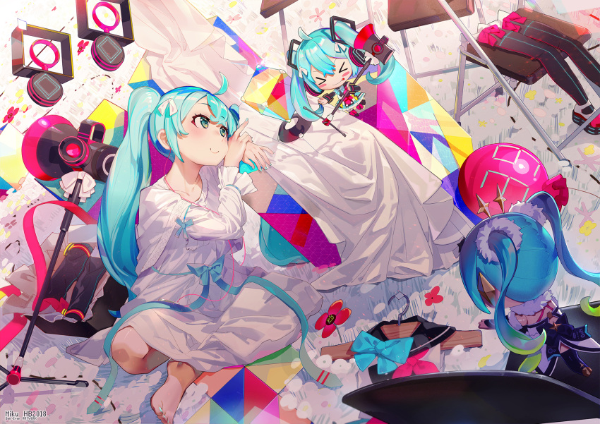 &gt;_&lt; 1girl blue_eyes blue_hair blue_nails blush blush_stickers chair chibi earphones earphones el-zheng hatsune_miku headphones highres legwear_removed long_hair nail_polish school_uniform serafuku sitting smile twintails very_long_hair vocaloid