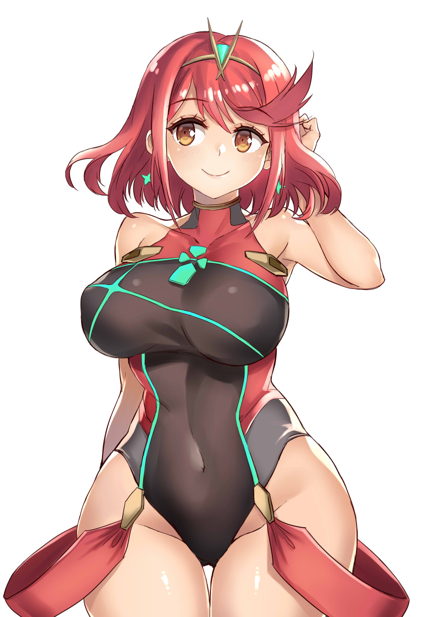 1girl absurdres bangs blush bodysuit breasts curvy earrings eyebrows_visible_through_hair hair_ornament hand_behind_head highres pyra_(xenoblade) jewelry kaorihero large_breasts looking_at_viewer medium_hair navel nintendo red_eyes redhead short_hair sidelocks simple_background smile solo swimsuit thick_thighs thigh_gap thighs tiara white_background wide_hips xenoblade_(series) xenoblade_2