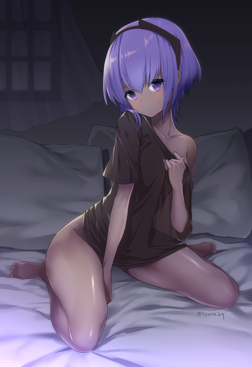 1girl bare_legs barefoot between_legs blurry breasts dark_skin depth_of_field eyebrows_visible_through_hair fate/grand_order fate/prototype fate/prototype:_fragments_of_blue_and_silver fate_(series) hand_between_legs hand_on_own_chest hassan_of_serenity_(fate) highres indoors light_blush looking_at_viewer naked_shirt off_shoulder on_bed parted_lips purple_hair see-through_silhouette shirt short_hair sitting small_breasts solo tyone violet_eyes wariza