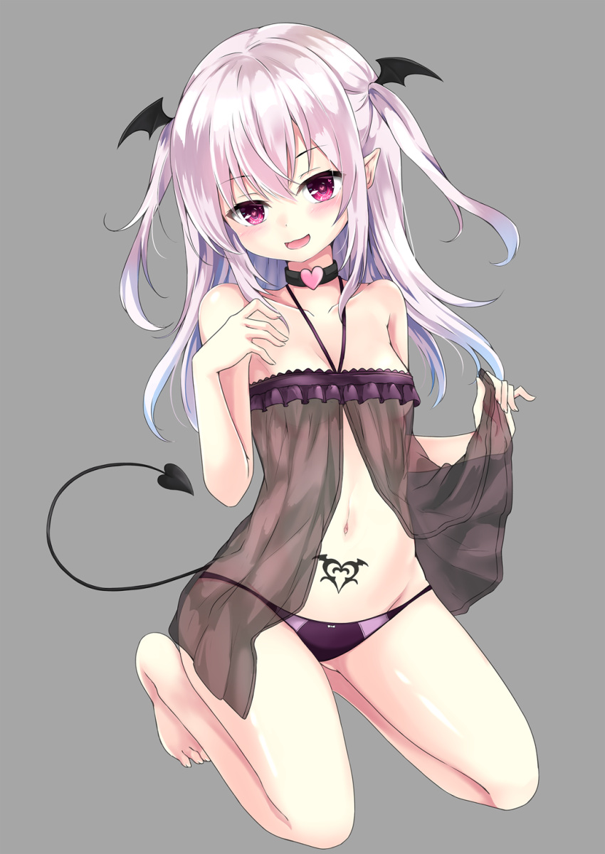 1girl :d babydoll bangs bare_legs bare_shoulders barefoot black_babydoll black_hair black_wings blush breasts commentary_request demon_girl demon_tail demon_wings eyebrows_visible_through_hair fingernails full_body grey_background hair_between_eyes hands_up head_tilt head_wings heart heart-shaped_pupils highres holding kneeling long_hair looking_at_viewer navel open_mouth original panties pointy_ears pubic_tattoo purple_panties see-through silver_hair simple_background siroyuki small_breasts smile solo succubus symbol-shaped_pupils tail tattoo toenails two_side_up underwear violet_eyes wings