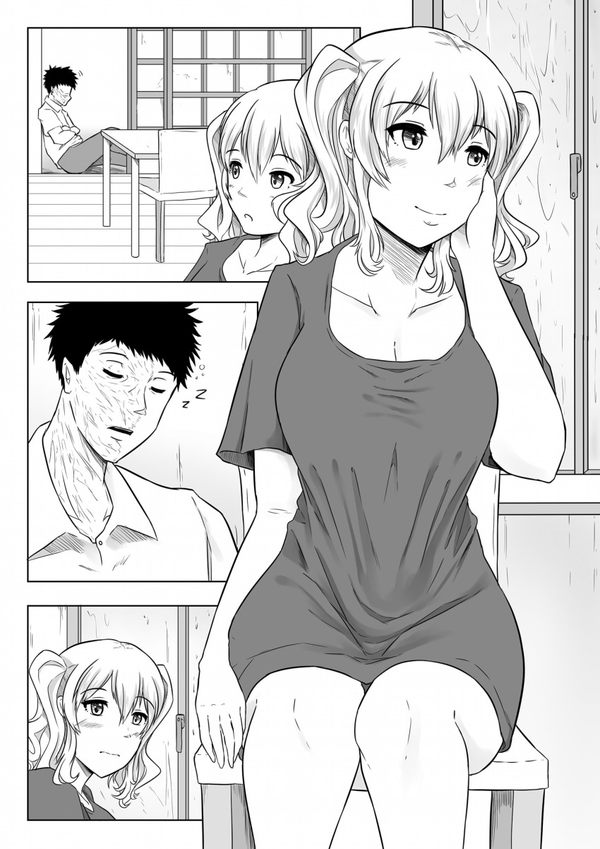1boy 1girl alternate_costume blush breasts burn_scar casual chair cleavage closed_eyes commentary english_commentary greyscale hand_on_own_cheek highres indoors kantai_collection kashima_(kantai_collection) large_breasts looking_at_another monochrome rain robba-san_(wangphing) scar sitting sitting_on_floor sleeping table twintails wangphing window zzz