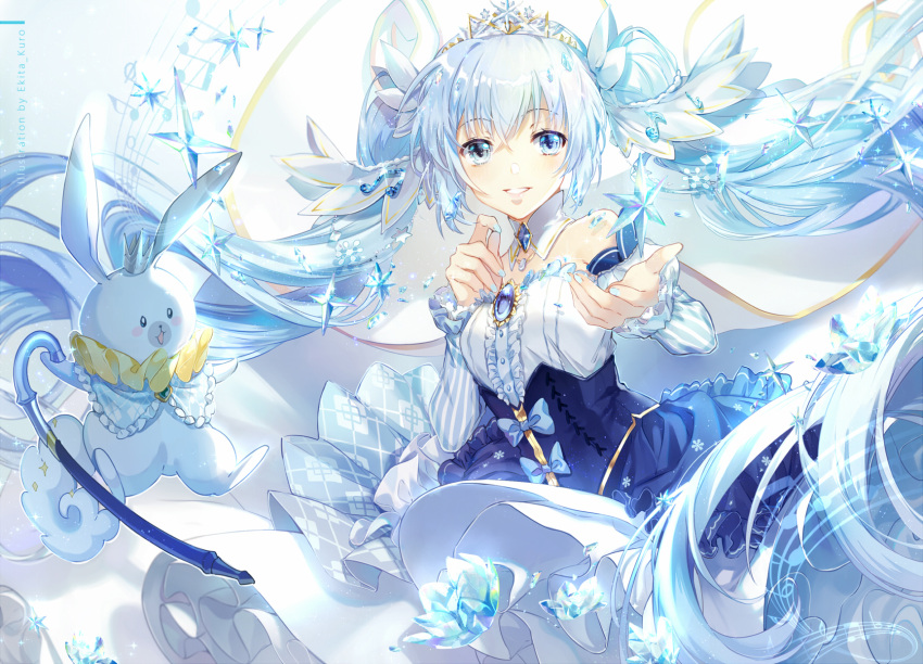 1girl amulet artist_name bare_shoulders birthday blue_eyes blue_hair blue_nails blush_stickers cane commentary crown detached_collar detached_sleeves dress ekita_xuan fingernails floating_hair frills gown happy_birthday hatsune_miku highres ice ice_crystal long_hair looking_at_viewer musical_note nail_polish open_mouth outstretched_hand rabbit shadow smile solo tiara twintails underbust vocaloid white_background yuki_miku