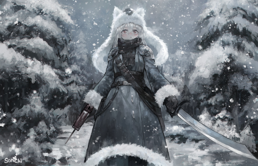 1girl artist_name black_gloves black_scarf brown_eyes commission fur_trim gloves grey grey_sky hat headwear holding holding_sword holding_weapon long_hair looking_at_viewer original scarf snow snowing solo sonchi standing sword tree weapon white_hair white_hat winter