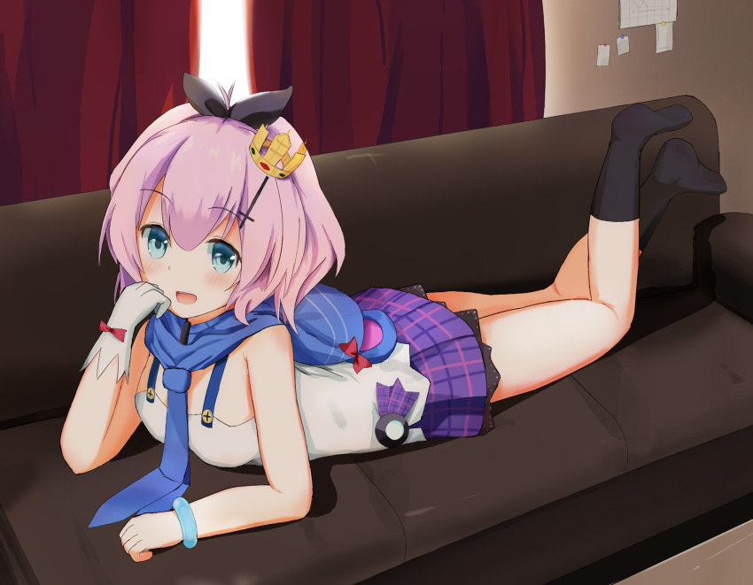 1girl :d azur_lane bangs black_hair black_ribbon blush breasts camisole comic couch crown curtains day eyebrows_visible_through_hair gloves hair_between_eyes hair_ornament hair_ribbon hand_up highres indoors javelin_(azur_lane) legs_up looking_at_viewer lying mini_crown no_shoes on_couch on_stomach open_mouth pink_hair plaid plaid_skirt pleated_skirt ponytail purple_skirt ribbon round_eyewear shirueru single_glove skirt small_breasts smile socks solo sunlight tilted_headwear upper_teeth white_camisole white_gloves window