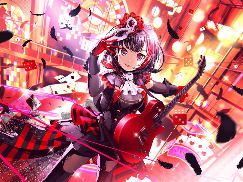 1girl amamiya_ren_(cosplay) bang_dream! black_hair blush card collaboration cosplay dice dress feathers guitar holding_instrument looking_at_viewer mask mitake_ran music official_art open_mouth persona_5 red_eyes short_hair smile solo