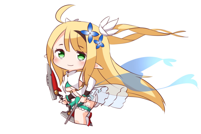1girl ahoge ame. arrow ass azur_lane black_hairband blonde_hair blue_footwear blush bow_(weapon) breasts centaur_(azur_lane) chibi closed_mouth elf flower green_eyes hair_flower hair_ornament hairband heart_arrow holding holding_arrow holding_bow_(weapon) holding_weapon jacket long_hair long_sleeves pointy_ears red_footwear see-through signature simple_background small_breasts smile socks solo under_boob very_long_hair weapon white_background white_jacket white_legwear
