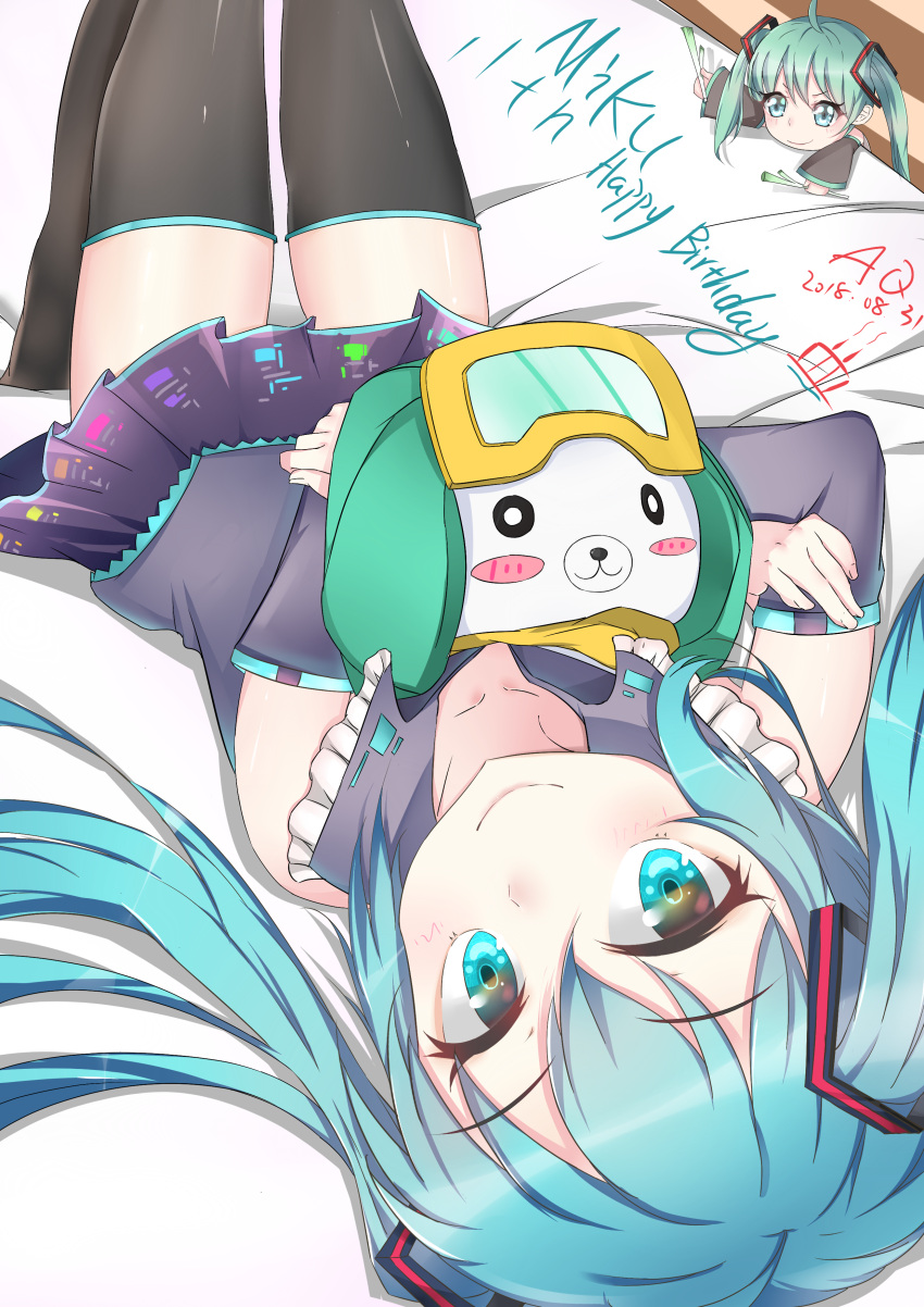 1girl absurdres aiqing black_footwear black_skirt blue_eyes blue_hair blush boots character_name closed_mouth dated detached_sleeves eyebrows_visible_through_hair happy_birthday hatsune_miku highres long_hair looking_at_viewer lying on_back skirt smile thigh-highs thigh_boots twintails vocaloid