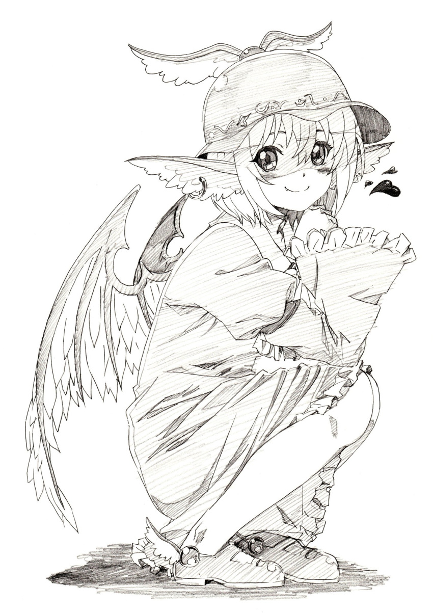 1girl animal_ears bird_ears blush commentary_request dress earrings fang_out from_side greyscale hair_between_eyes hat heart highres jewelry long_sleeves looking_at_viewer looking_to_the_side monochrome mystia_lorelei pink_x shoes simple_background smile solo squatting touhou white_background wide_sleeves wings