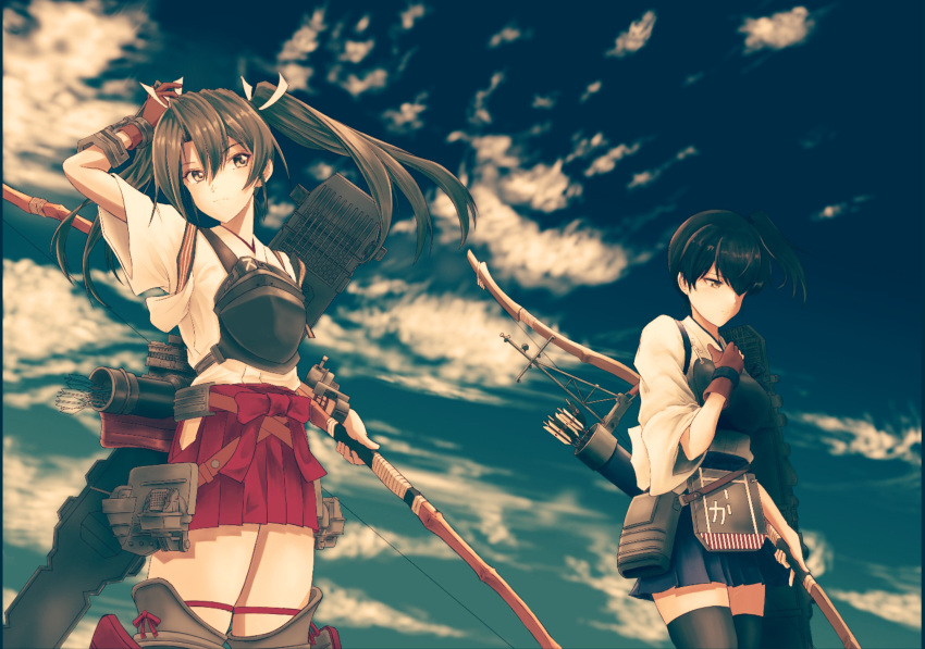 apron boots bow_(weapon) breastplate brown_eyes brown_hair commentary_request coo flight_deck gloves green_eyes green_hair grey_hair hair_down hair_ribbon hakama hakama_skirt headband highres japanese_clothes jinbaori kaga_(kantai_collection) kantai_collection long_hair machinery miko multiple_girls muneate muzzuleflash partly_fingerless_gloves quiver ribbon side_ponytail tasuki thigh-highs thigh_boots twintails weapon white_ribbon younger zuikaku_(kantai_collection)