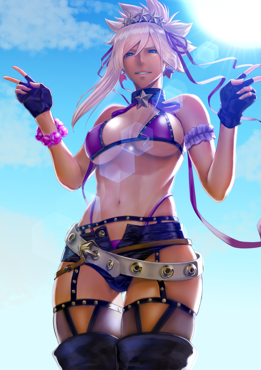 1girl absurdres bb_(fate)_(all) bb_(swimsuit_mooncancer)_(fate) belt bikini blue_eyes breasts clouds commentary_request cosplay double_v earrings fate/grand_order fate_(series) fingerless_gloves gloves hair_ornament hair_ribbon highres jewelry large_breasts lips looking_at_viewer medium_hair miyamoto_musashi_(fate/grand_order) mugetsu2501 navel open_fly outdoors pink_hair ponytail purple_bikini purple_ribbon ribbon short_shorts shorts sky smile solo spiky_hair star star_hair_ornament sunlight swimsuit v
