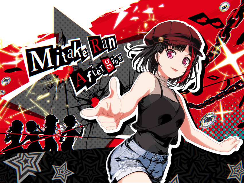 5girls afterglow_(bang_dream!) bang_dream! black_hair cap chain dress looking_at_viewer mitake_ran official_art open_mouth persona persona_5 red_eyes short_hair smile solo_focus star