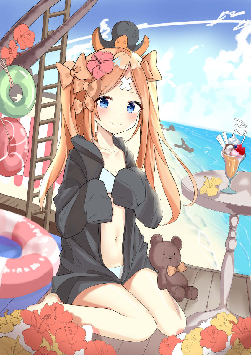 abigail_williams_(fate/grand_order) absurdres animal animal_on_head bangs bare_legs barefoot beach bikini black_jacket blonde_hair blue_bikini blue_eyes blue_sky blush bow closed_mouth clouds collarbone commentary crazy_straw crossed_bandaids day drinking_straw dutch_angle eyebrows_visible_through_hair fate/grand_order fate_(series) flower hair_bow hair_flower hair_ornament hands_up heart_straw highres hood hood_down hooded_jacket horizon innertube jacket long_hair long_sleeves navel ocean octopus on_head orange_bow outdoors parfait parted_bangs red_flower rot_zzi sand sitting sky sleeves_past_fingers sleeves_past_wrists smile stuffed_animal stuffed_toy swimsuit teddy_bear twintails very_long_hair wariza water yellow_flower