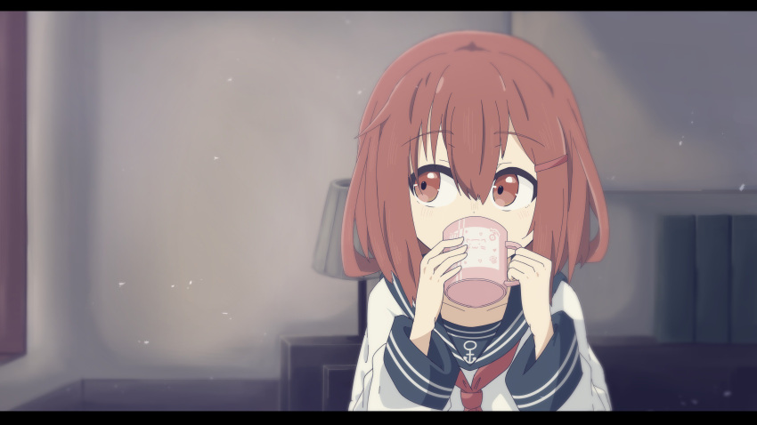 1girl absurdres anchor_symbol black_sailor_collar book brown_hair commentary_request cup drinking hair_ornament hairclip highres ikazuchi_(kantai_collection) kantai_collection lamp looking_to_the_side mug neckerchief red_neckwear sailor_collar school_uniform serafuku solo tsurai_(kawaiinogaturai) upper_body window