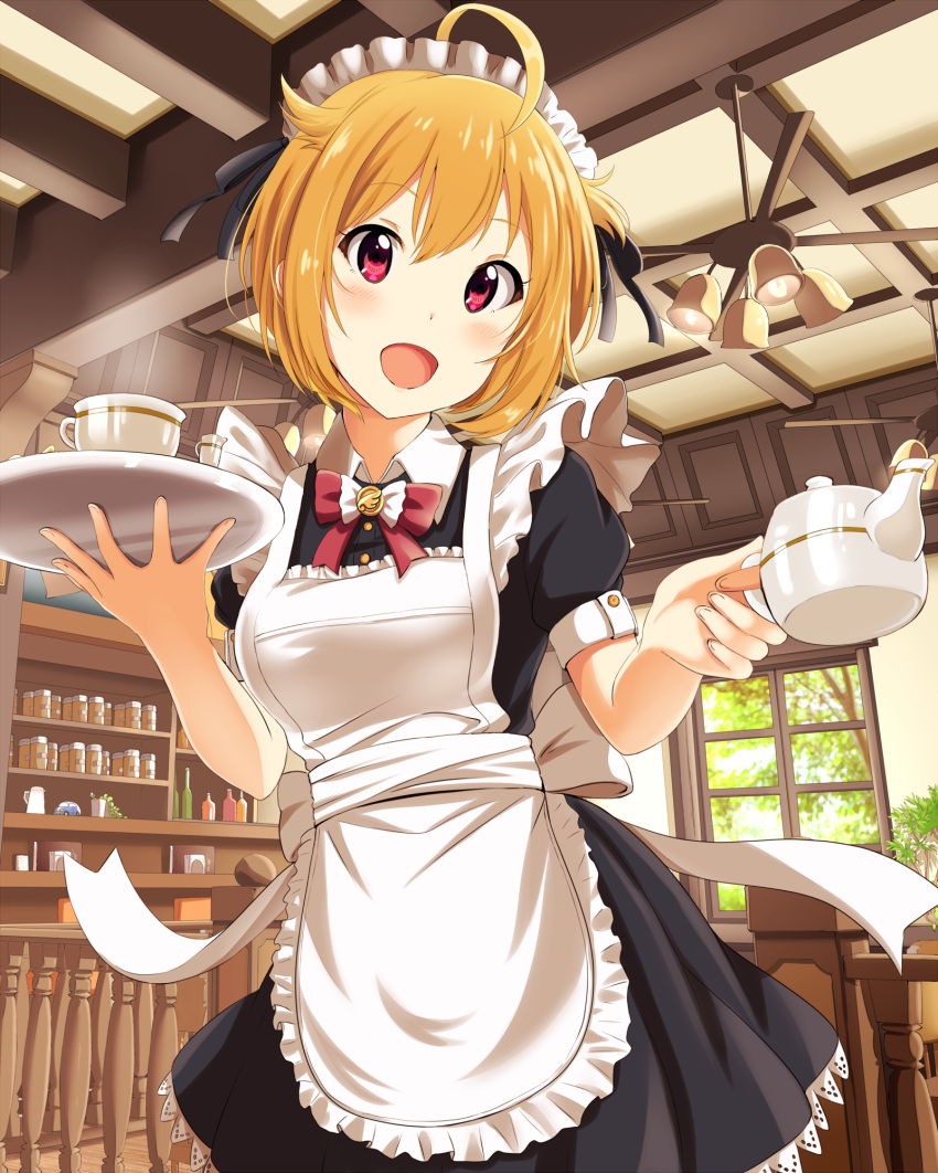 1girl :d ahoge alternate_costume apron back_bow black_ribbon black_shirt black_skirt blonde_hair bow bowtie day enmaided eyebrows_visible_through_hair from_below hair_between_eyes hair_ribbon head_tilt highres holding ibuki_tsubasa idolmaster idolmaster_million_live! indoors maid maid_headdress miniskirt open_mouth pleated_skirt red_bow red_eyes ribbon shiny shiny_hair shiokazunoko shirt short_hair short_sleeves skirt smile solo standing white_apron white_bow