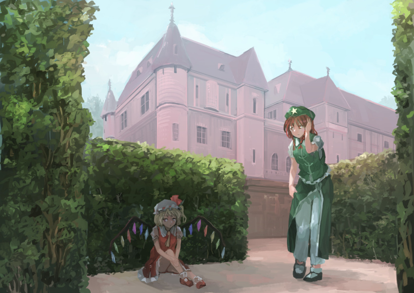 2girls blonde_hair braid clouds faux_traditional_media flandre_scarlet garden hand_on_own_head hat hedge_(plant) hong_meiling ichiba_youichi looking_away mansion mob_cap multiple_girls pants red_eyes redhead scarlet_devil_mansion shade short_hair side_braid side_ponytail sky touhou wings