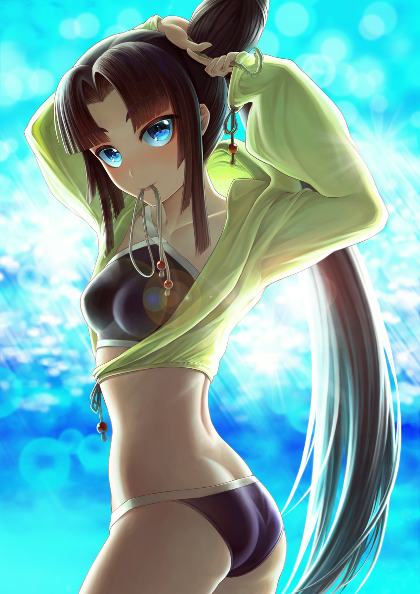 1girl arms_up ass bikini black_bikini blue_eyes breasts brown_hair collarbone eyebrows_visible_through_hair fate/grand_order fate_(series) from_side highres hood hooded_jacket jacket lens_flare long_hair medium_breasts mouth_hold open_clothes open_jacket ponytail solo standing swimsuit tying_hair ushiwakamaru_(fate/grand_order) ushiwakamaru_(swimsuit_assassin)_(fate) very_long_hair yellow_jacket yoka1chi