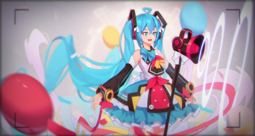 1girl :d ahoge balloon bangs bare_shoulders blue_bow blue_eyes blue_hair blue_skirt bow commentary_request detached_sleeves frilled_skirt frills hair_between_eyes hair_ornament hatsune_miku highres long_hair long_sleeves megaphone open_mouth puffy_long_sleeves puffy_sleeves shirt skirt sleeveless sleeveless_shirt smile solo standing sunligh_mao twintails very_long_hair viewfinder vocaloid white_shirt