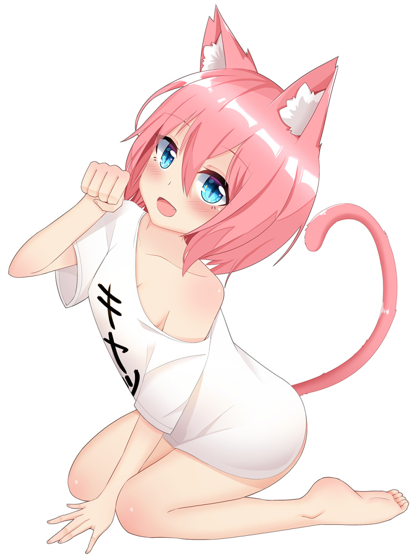 1girl :d animal_ears arm_up bangs bare_legs barefoot blue_eyes blush breasts cat_ears cat_girl cat_tail cleavage clothes_writing commentary_request eyebrows_visible_through_hair fang feet fingernails hair_between_eyes hand_up highres legs leng_xiao off_shoulder open_mouth original paw_pose pink_hair shirt short_sleeves simple_background sitting small_breasts smile soles solo tail tail_raised translated wariza white_background white_shirt wide_sleeves