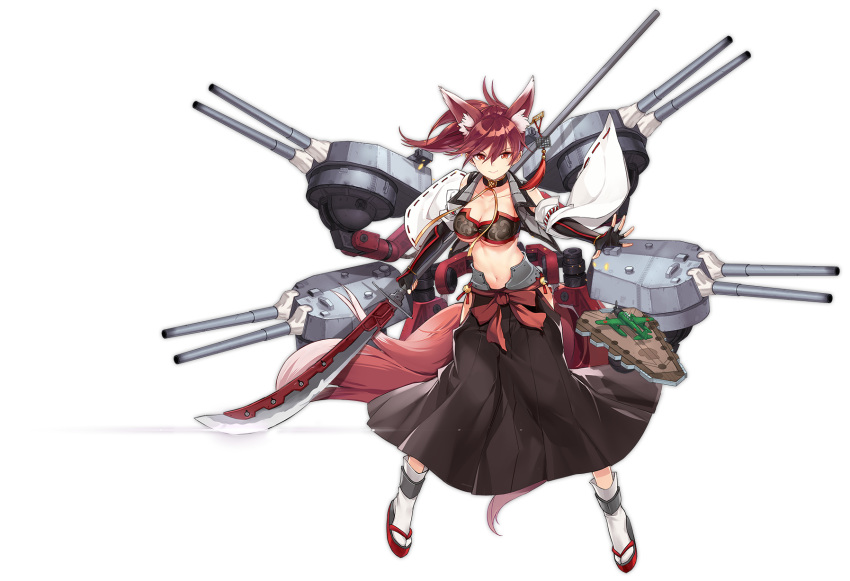 1girl animal_ears azur_lane black_skirt blush breasts cleavage closed_mouth collarbone eyebrows_visible_through_hair fox_ears full_body highres holding holding_weapon ise_(azur_lane) kisetsu large_breasts looking_at_viewer navel ponytail red_eyes redhead remodel_(azur_lane) sandals short_hair short_ponytail skirt smile socks solo standing transparent_background weapon white_legwear