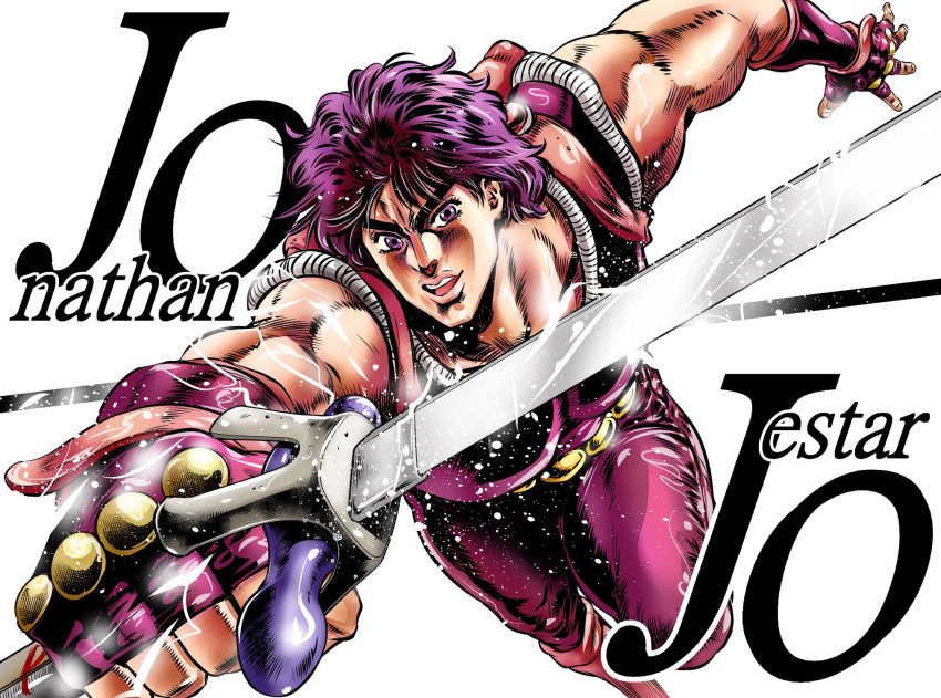 1boy character_name electricity fingerless_gloves gloves hatching_(texture) highres jojo_no_kimyou_na_bouken jonathan_joestar male_focus muscle open_mouth phantom_blood purple_gloves purple_hair smile solo sword taki_reki violet_eyes weapon