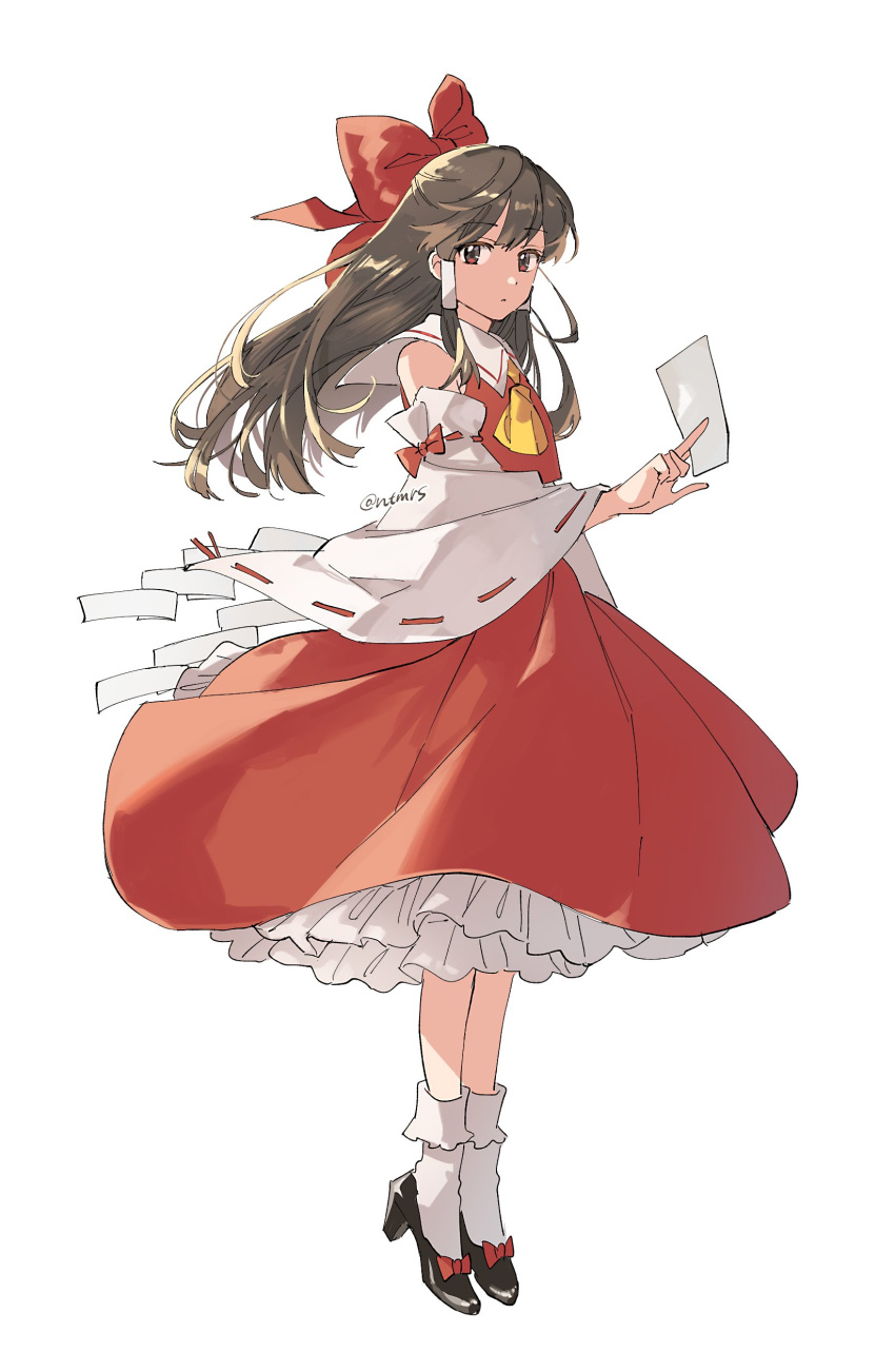 1girl absurdres ascot bangs bare_shoulders black_footwear bow brown_hair closed_mouth collared_shirt commentary_request detached_sleeves eyebrows_visible_through_hair footwear_bow frills full_body hair_between_eyes hair_ornament hair_tubes hakurei_reimu hand_up highres long_hair long_sleeves looking_at_viewer natsume_(menthol) ofuda red_bow red_eyes red_shirt red_skirt shirt shoes simple_background skirt socks solo standing touhou twitter_username white_background white_legwear wide_sleeves yellow_ascot