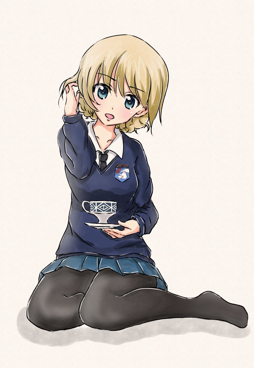 1girl absurdres bangs black_legwear black_neckwear blonde_hair blue_eyes blue_skirt blue_sweater braid commentary cup darjeeling dress_shirt emblem full_body girls_und_panzer hand_in_hair head_tilt highres holding holding_saucer long_sleeves looking_at_viewer miniskirt munisuke_(zrkt7883) necktie no_shoes open_mouth pantyhose pleated_skirt saucer school_uniform shadow shirt short_hair simple_background sitting skirt smile solo st._gloriana's_(emblem) st._gloriana's_school_uniform sweater teacup tied_hair traditional_media twin_braids v-neck white_background white_shirt wing_collar yokozuwari