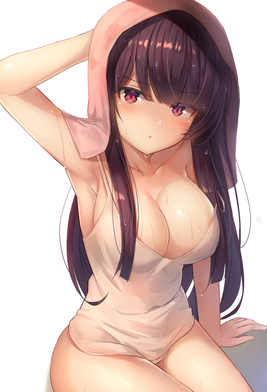 1girl arm_at_side arm_support arm_up armpits bangs blush bottomless breasts cleavage collarbone commentary eyebrows_visible_through_hair eyes_visible_through_hair girls_frontline hair_between_eyes hair_ribbon highres long_hair looking_at_viewer motokonut open_mouth out_of_frame purple_hair red_eyes ribbon shiny shiny_skin simple_background singlet sitting solo strap_slip thighs towel towel_on_head wa2000_(girls_frontline) water_drop white_background white_singlet wiping