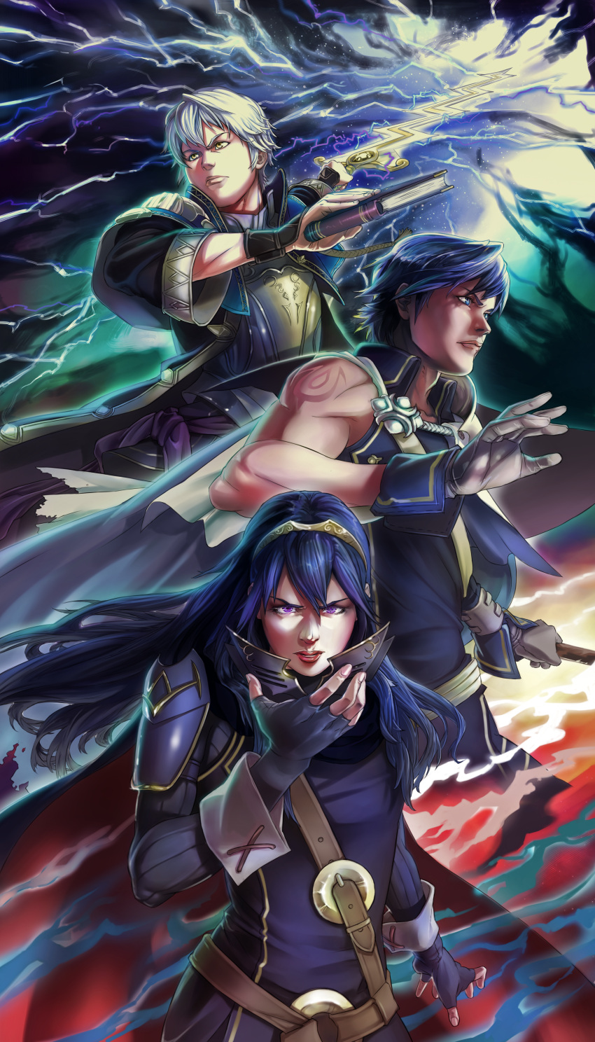 1girl 2boys absurdres armor bangs belt blue_dress blue_eyes blue_hair book breastplate cape cloak closed_mouth commentary dress electricity english_commentary facing_viewer father_and_daughter fingerless_gloves fire_emblem fire_emblem:_kakusei fire_emblem_heroes gloves grey_gloves hair_between_eyes highres holding holding_book holding_mask holding_sword holding_weapon huge_filesize krom lightning long_hair lucina magic male_my_unit_(fire_emblem:_kakusei) mask multiple_boys my_unit_(fire_emblem:_kakusei) nintendo parted_lips ribbed_sleeves robe shirt short_hair shoulder_armor silver_hair sleeveless sleeveless_shirt strap sword tattoo tiara violet_eyes vkliza weapon yellow_eyes