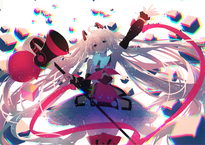 1girl :d ahoge arm_up bangs bare_shoulders black_legwear blue_bow blue_eyes blue_skirt bow chromatic_aberration commentary detached_sleeves eyebrows_visible_through_hair frilled_skirt frills hair_between_eyes hair_ornament hatsune_miku head_tilt highres holding holding_megaphone long_hair long_sleeves magical_mirai_(vocaloid) megaphone open_mouth outstretched_arm pleated_skirt puffy_long_sleeves puffy_sleeves re:rin red_bow shirt skirt sleeveless sleeveless_shirt sleeves_past_wrists smile solo thigh-highs thigh_gap twintails very_long_hair vocaloid white_hair white_shirt