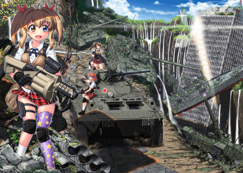 4girls :3 apocalypse bandaid bandaid_on_face battleship black_hair blonde_hair brown_hair btr-80 building commentary_request fang gloves grenade_launcher ground_vehicle gun hair_ribbon hase_yu headband heterochromia knee_pads kneehighs load_bearing_vest mgl-140 military military_vehicle motor_vehicle multiple_girls original pleated_skirt ponytail redhead ribbon rifle rubbing ruins school_uniform scope ship shotgun skirt sky sniper_rifle tank thigh-highs traffic_light twintails vertical_foregrip warship water watercraft waterfall weapon weapon_request zettai_ryouiki