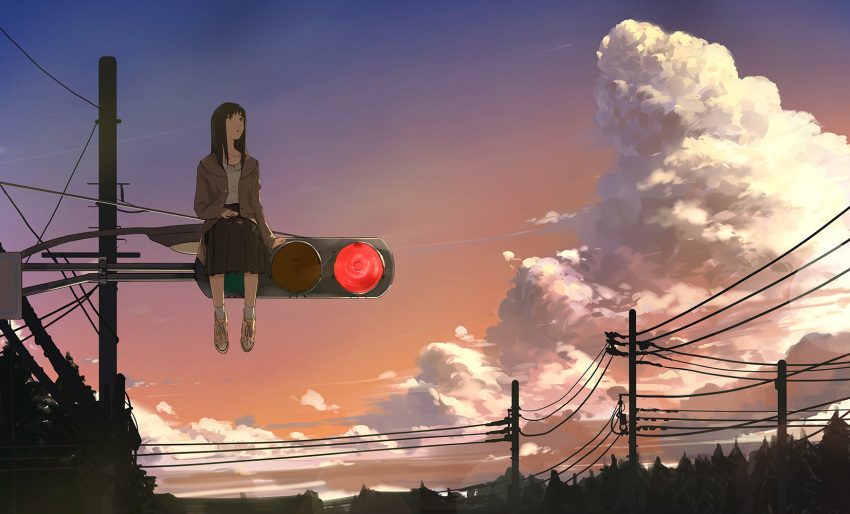 1girl black_eyes black_hair blue_sky brown_jacket brown_skirt clouds commentary_request gradient_sky grey_eyes grey_legwear highres jacket jewelry lamppost long_hair long_sleeves multicolored multicolored_sky necklace open_clothes open_jacket orange_sky original outdoors parted_lips pleated_skirt power_lines scenery shoes sitting skirt sky socks solo somehira_katsu sunset telephone_pole traffic_light