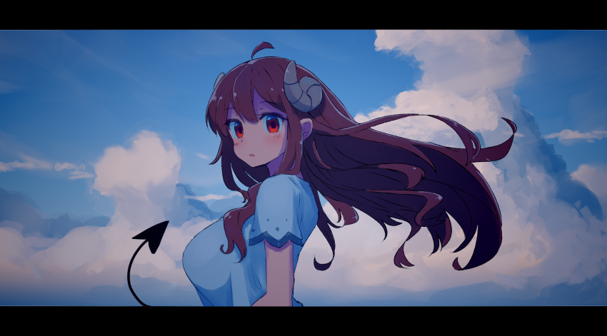 blue_shirt blue_sky blush breasts brown_hair character_request clouds curled_horns day demon_girl demon_horns demon_tail fang from_side highres horns large_breasts letterboxed long_hair looking_at_viewer looking_to_the_side machikado_mazoku nitro_(mugityaoisii) outdoors parted_lips red_eyes shirt short_hair sky tail tail_raised very_long_hair