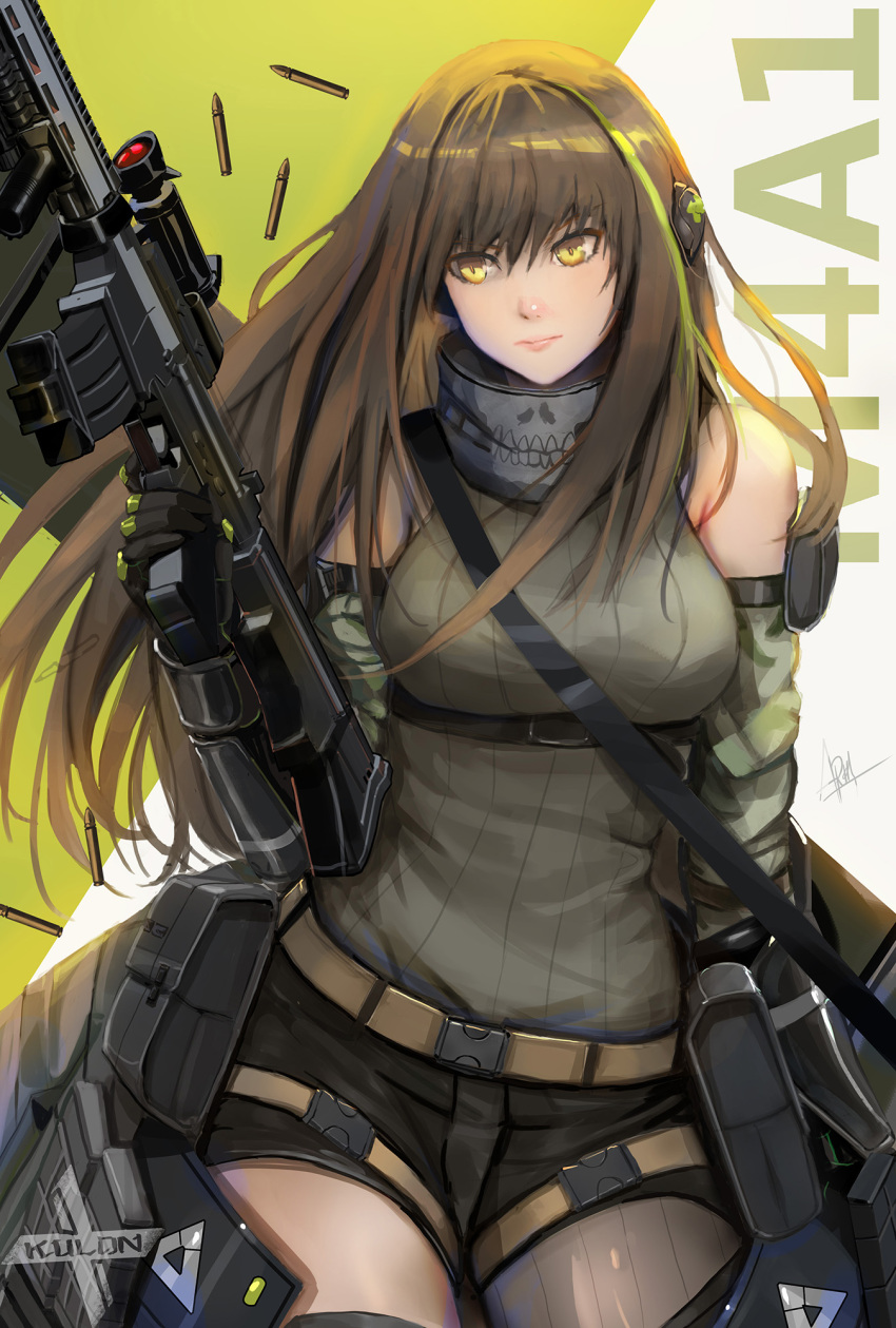 1girl ammunition_pouch armband assault_rifle bangs bare_shoulders black_gloves black_shorts brown_hair bullet closed_mouth commentary detached_sleeves english_commentary girls_frontline gloves green_shirt gun highres holding holding_gun holding_weapon long_hair m4_carbine m4a1_(girls_frontline) multicolored_hair personification pouch ribbed_shirt rifle shell_casing shirt shorts signature sleeveless sleeveless_shirt standing strap streaked_hair thighs weapon x-kulon yellow_eyes