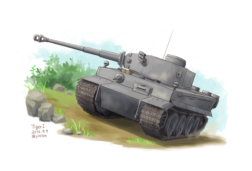 artist_name caterpillar_tracks dated grass ground_vehicle military military_vehicle motor_vehicle no_humans original real_life rock saigawa signature simple_background tank tiger_i tree white_background world_war_ii