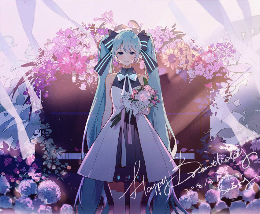 1girl alternate_costume arm_at_side bangs black_bow blue_bow blue_eyes blue_hair blue_neckwear blush bouquet bow bowtie closed_mouth collared_dress dress feet_out_of_frame flower gloves hair_bow happy_birthday hatsune_miku highres holding holding_bouquet instrument layered_dress long_hair looking_at_viewer piano pink_lips pleated_dress rose shiny shiny_hair signature sleeveless sleeveless_dress smile solo standing striped striped_bow sumery transparent twintails very_long_hair vocaloid white_dress white_flower white_gloves white_rose wind wing_collar