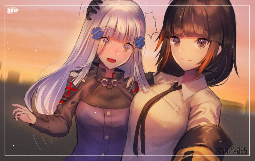 armband artist_name bangs black_neckwear blonde_hair blunt_bangs blush braid breasts brown_hair collared_shirt evening eyebrows_visible_through_hair eyes_visible_through_hair flying_sweatdrops girls_frontline gloves green_eyes hair_ornament hk416_(girls_frontline) jacket long_hair looking_at_viewer m16a1_(girls_frontline) medium_breasts mole mole_under_eye multicolored_hair multiple_girls necktie open_clothes open_jacket open_mouth outdoors self_shot shirt sidelocks silver_hair smile streaked_hair viewfinder xanax025