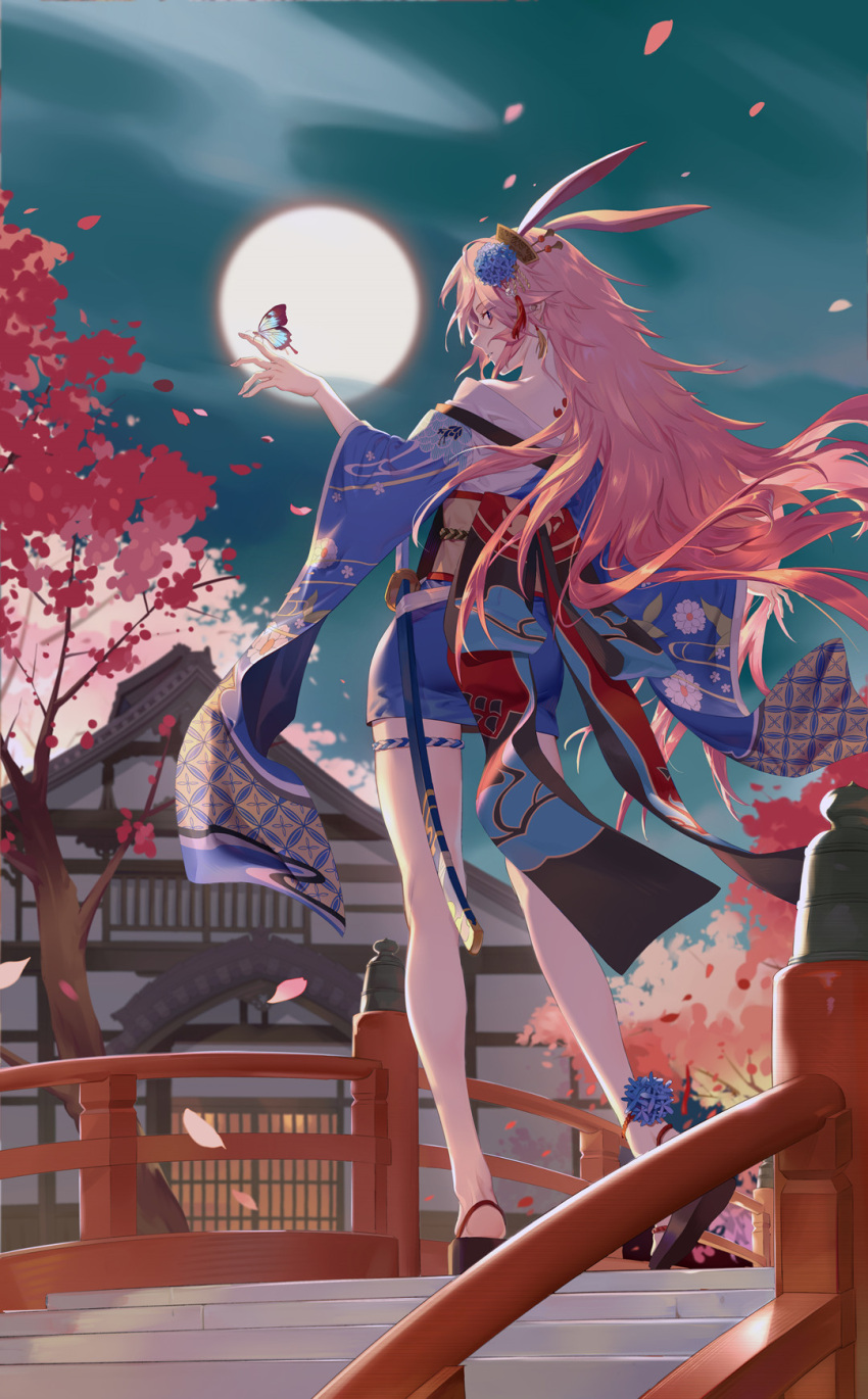 1girl animal_ears ass bare_shoulders benghuai_xueyuan blue_eyes blue_kimono butterfly_sitting cherry_blossoms dubian_xiang flower from_behind full_body full_moon geta hair_flower hair_ornament highres honkai_impact japanese_clothes katana kimono long_hair moon night night_sky obi off_shoulder petals pink_hair rabbit_ears sash sheath sheathed short_kimono sky solo standing sword tree weapon wide_sleeves yae_sakura_(benghuai_xueyuan)