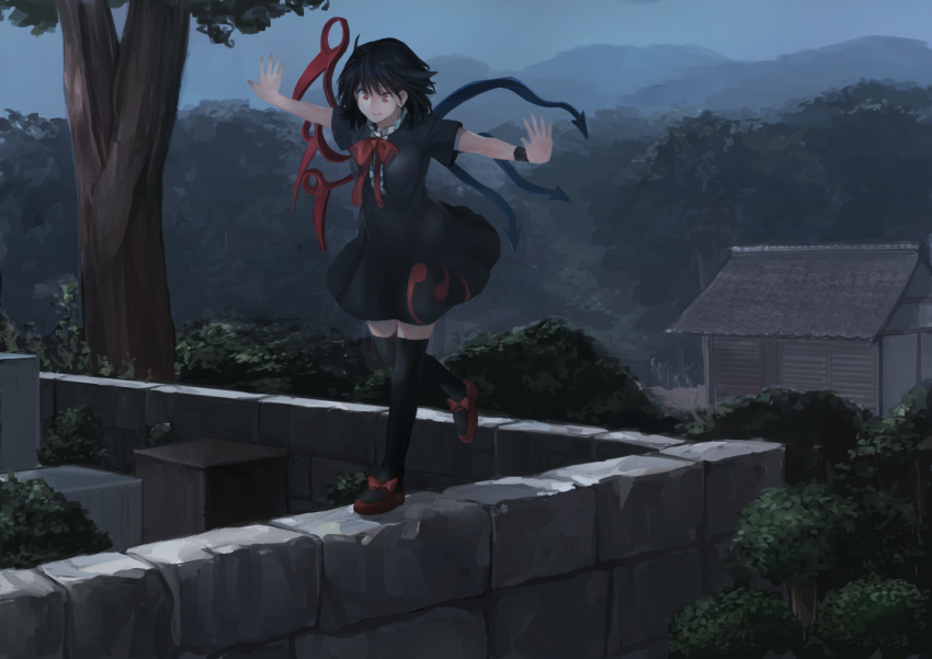 1girl asymmetrical_wings balancing bangs black_dress black_hair black_legwear blue_wings bow bowtie breasts building center_frills clouds cloudy_sky commentary_request dress hill houjuu_nue ichiba_youichi medium_breasts outdoors outstretched_arms red_bow red_eyes red_footwear red_neckwear red_wings shoe_bow shoes short_dress short_hair short_sleeves sky smile solo stone_wall thigh-highs touhou tree walking wall wings wristband zettai_ryouiki