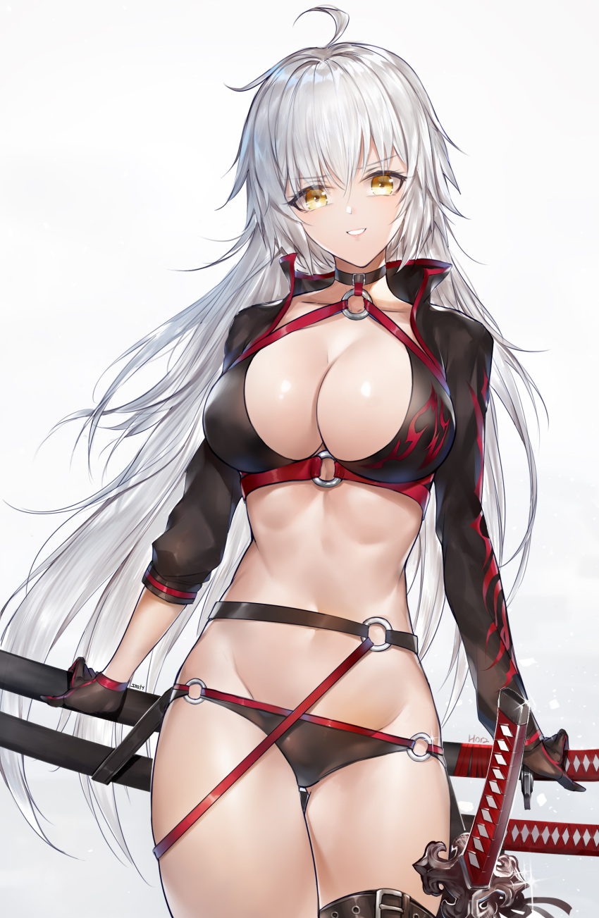 1girl absurdres ahoge bangs bikini black_bikini black_choker black_jacket breasts buckle choker cleavage collarbone commentary cowboy_shot cropped_jacket eyebrows_visible_through_hair fate/grand_order fate_(series) flame_print floating_hair glint grin groin hair_between_eyes head_tilt high_collar highres horz jacket jeanne_d'arc_(alter)_(fate) jeanne_d'arc_(alter_swimsuit_berserker) jeanne_d'arc_(fate)_(all) katana large_breasts legs_together long_hair long_sleeves looking_at_viewer navel o-ring o-ring_bikini print_jacket scabbard sheath sheathed shiny shiny_hair shiny_skin sidelocks signature silver_hair simple_background smile solo standing stomach swimsuit sword thigh_gap thigh_strap very_long_hair weapon white_background yellow_eyes