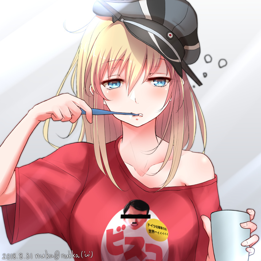 1girl adolf_hitler alternate_costume bangs bismarck_(kantai_collection) blonde_hair blue_eyes breasts brushing_teeth casual character_print collarbone covered_eyes cup dated drinking_glass eyebrows_visible_through_hair hair_between_eyes half-closed_eyes hat highres holding holding_cup holding_toothbrush kantai_collection large_breasts long_hair looking_at_viewer messy_hair nuka_(nvkka) off_shoulder parted_lips peaked_cap red_shirt shirt sidelocks solo toothbrush_mustache twitter_username upper_body