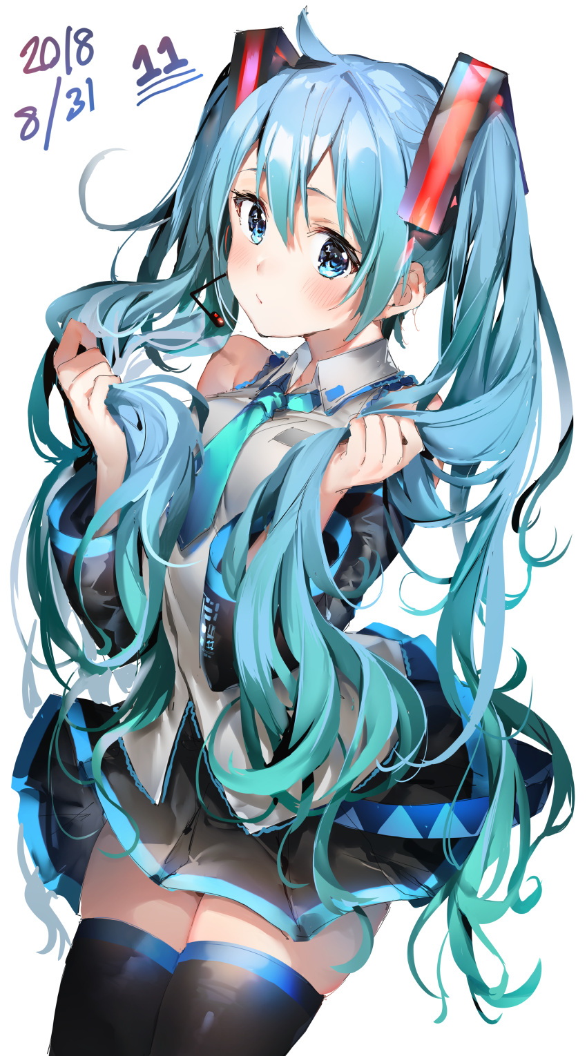 1girl absurdres bangs bare_shoulders black_legwear black_skirt blue_eyes blue_hair blue_neckwear blush breasts closed_mouth collared_shirt commentary dated detached_sleeves grey_shirt hair_between_eyes hair_ornament hands_up hatsune_miku headset highres holding holding_hair long_hair long_sleeves looking_at_viewer medium_breasts necktie pleated_skirt shirt simple_background sketch skirt sleeveless sleeveless_shirt solo thigh-highs umibouzu_(niito) very_long_hair vocaloid white_background wide_sleeves