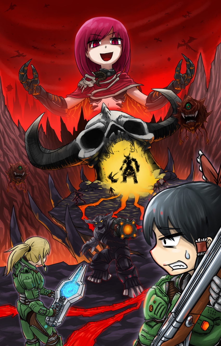 3girls alternate_costume armor black_hair blonde_hair braid cacodemon cosplay demon doom_(game) doomguy doomguy_(cosplay) double-barreled_shotgun energy_gun gun hair_tubes hakurei_reimu hecatia_lapislazuli hell hell_razer highres kirisame_marisa molten_rock multiple_girls okema ponytail red_sky redhead sawed-off_shotgun shotgun sky sweatdrop touhou weapon yin_yang