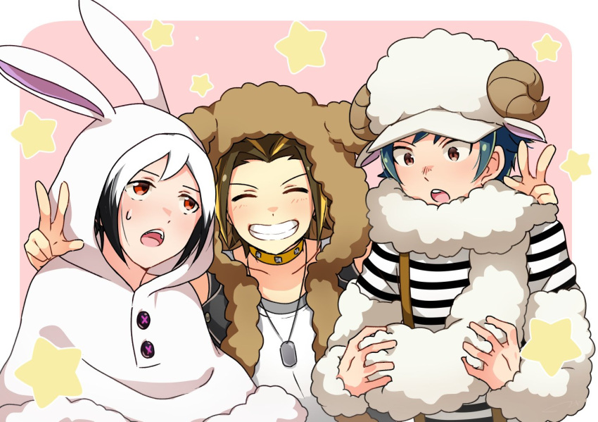 3boys animal_hood brown_eyes brown_hair bunny_hood capelet closed_eyes cosplay dog_hood dog_tags double_v green_hair grin himeno_kanon himeno_kanon_(cosplay) hood idolmaster idolmaster_side-m igari_leo koron_chris male_focus mofumofuen multicolored_hair multiple_boys niki_(nikism1987) okamura_nao okamura_nao_(cosplay) red_eyes sheep_hat shiraishi_eru smile streaked_hair sweatdrop tachibana_shirou tachibana_shirou_(cosplay) two-tone_hair upper_body v vest white_hair wool