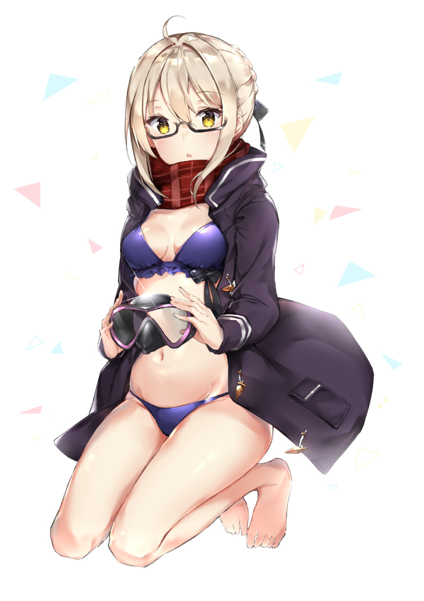 1girl ahoge artoria_pendragon_(all) barefoot bikini black-framed_eyewear black_coat black_ribbon blue_bikini braid breasts cleavage coat collarbone eyebrows_visible_through_hair fate/grand_order fate_(series) full_body glasses groin hair_between_eyes hair_ribbon highres holding kneeling kuran_(yourcatissick) looking_at_viewer mysterious_heroine_x_(alter) navel open_clothes open_coat parted_lips red_scarf ribbon scarf semi-rimless_eyewear shiny shiny_clothes sidelocks silver_hair simple_background small_breasts solo swimsuit tied_hair under-rim_eyewear white_background yellow_eyes