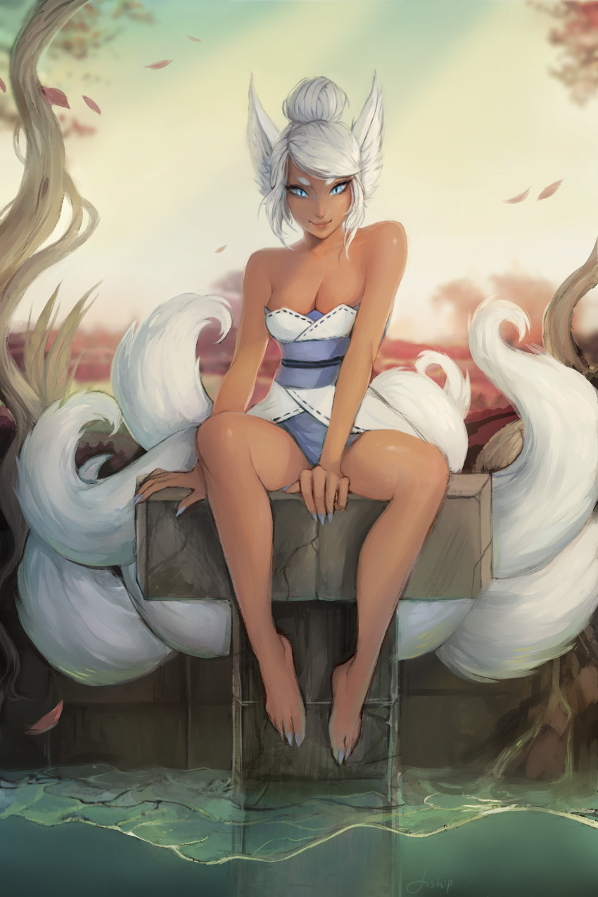 1girl absurdres animal_ears arm_support bare_arms bare_legs bare_shoulders barefoot blue_eyes blue_nails blurry blurry_background breasts cleavage closed_mouth commentary dark_skin depth_of_field english_commentary female fingernails fox_ears fox_tail full_body hair_bun highres japanese_clothes kimono kitsune looking_at_viewer matilda_vin medium_breasts monster_girl multiple_tails nail_polish obi original outdoors petals sash short_hair sitting smile solo strapless tail toenail_polish tree water white_hair
