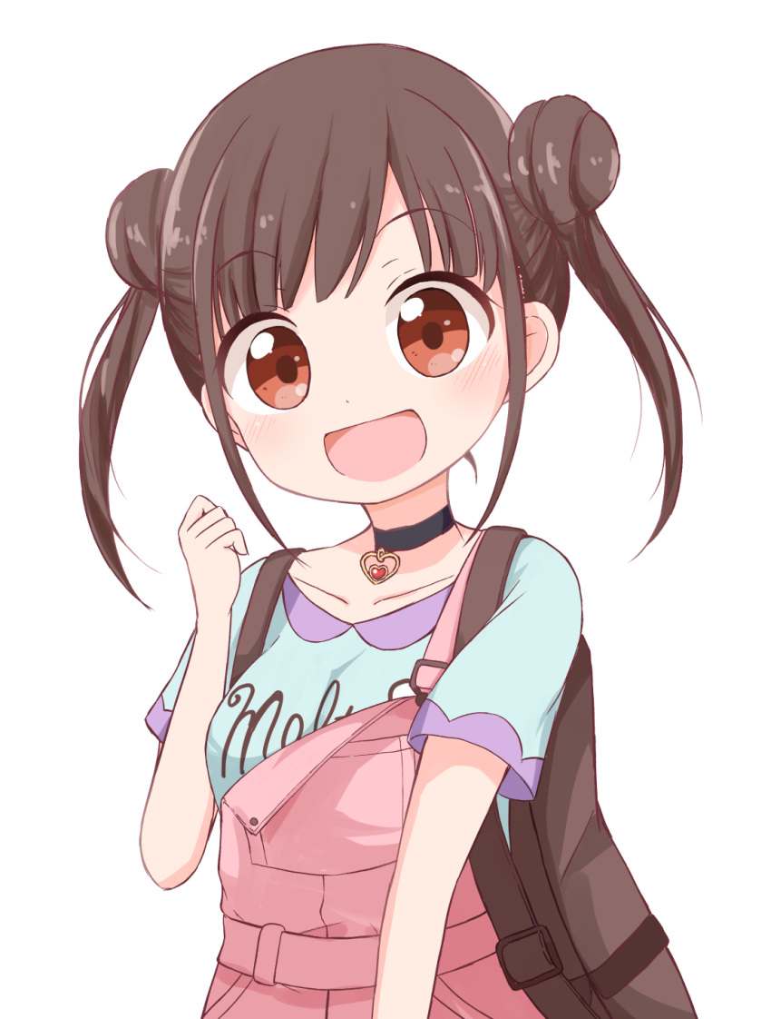 1girl :d backpack bag bangs black_choker black_hair blue_shirt brown_eyes choker clenched_hand clothes_writing collarbone double_bun eyebrows_visible_through_hair hand_up heart heart_choker highres idolmaster idolmaster_shiny_colors looking_at_viewer miyamaki open_mouth overalls pink_overalls shirt short_sleeves sidelocks simple_background smile solo sonoda_chiyoko twintails upper_body white_background