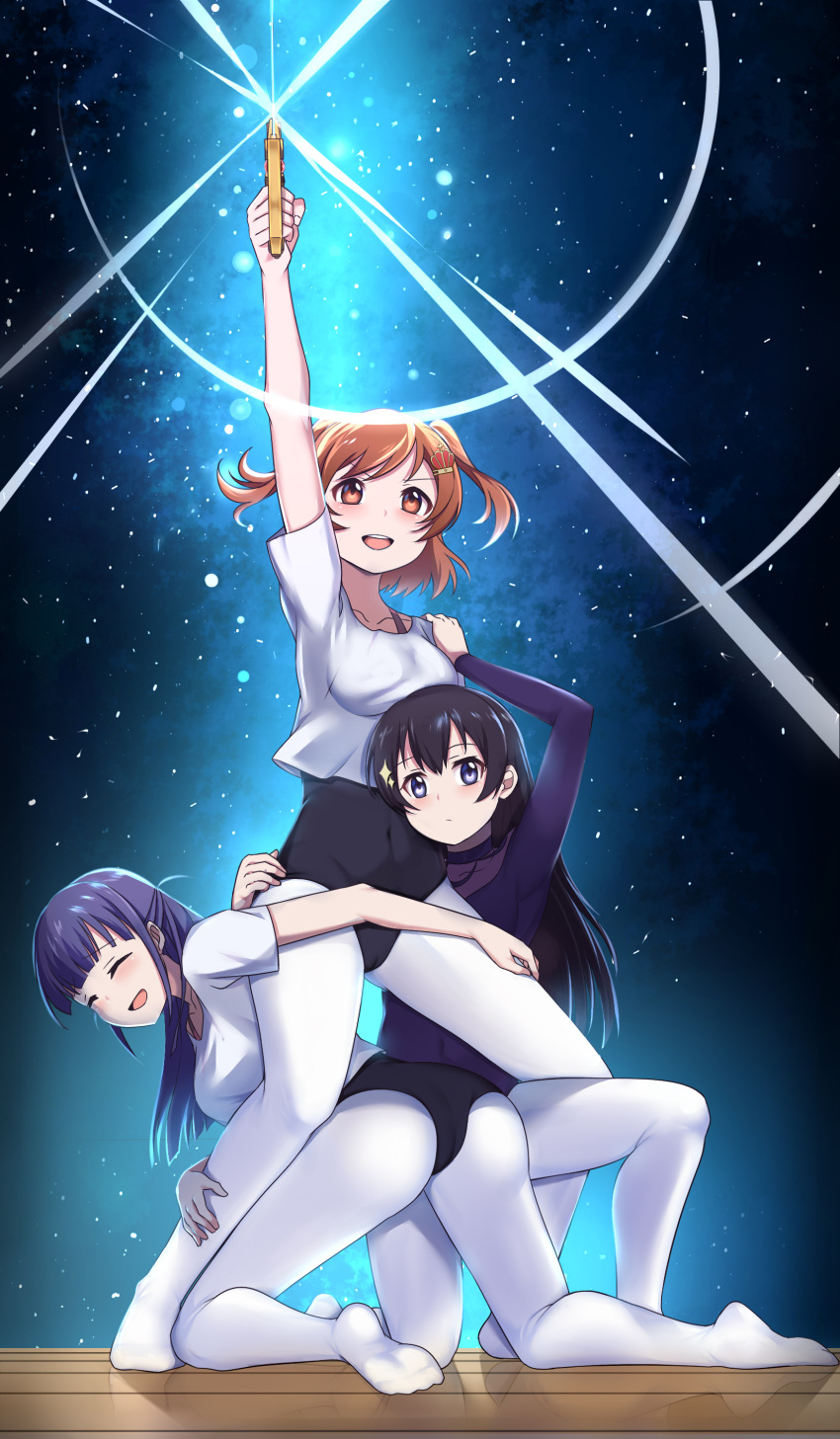 3girls absurdres aijou_karen arm_up black_eyes black_hair blush brown_eyes brown_hair caibao closed_eyes collarbone commentary_request covered_navel crown_hair_ornament gundam_narrative hand_on_another's_hip hand_on_another's_leg hand_on_another's_shoulder highres holding holding_sword holding_weapon kagura_hikari kneeling leotard leotard_under_clothes long_hair multiple_girls narrative_formation no_shoes one_knee pantyhose purple_hair reflection shirt shoujo_kageki_revue_starlight space sparkle sparkle_hair_ornament sword tsuyuzaki_mahiru two_side_up v-shaped_eyebrows weapon white_legwear white_shirt wooden_floor