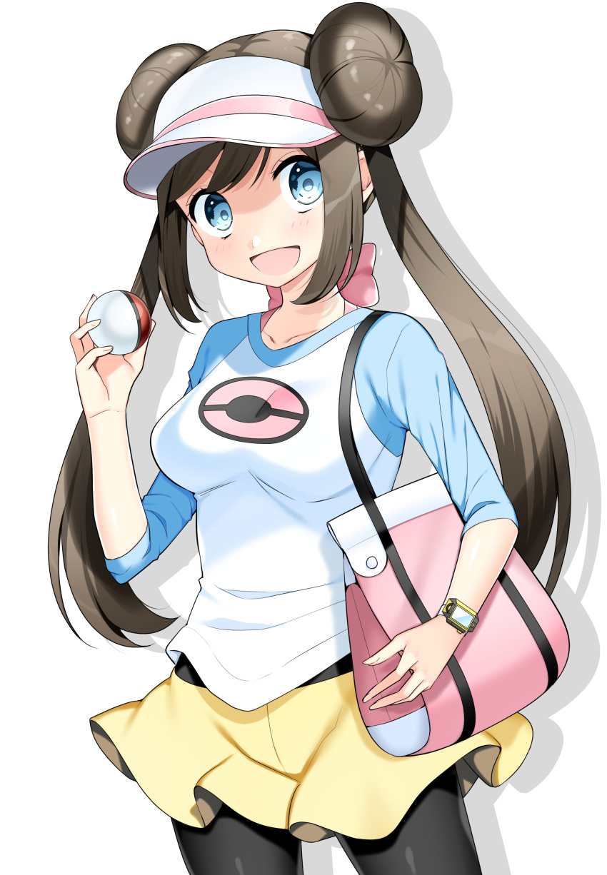 1girl absurdres bag black_legwear blue_eyes bow brown_hair collarbone cowboy_shot creatures_(company) double_bun game_freak hair_bow hand_up handbag highres legwear_under_shorts long_hair looking_at_viewer mei_(pokemon) nintendo open_mouth pantyhose pink_bow poke_ball pokemon pokemon_(game) pokemon_bw2 raglan_sleeves shadow short_shorts shorts simple_background smile solo twintails very_long_hair visor_cap watch watch white_background yuihiko