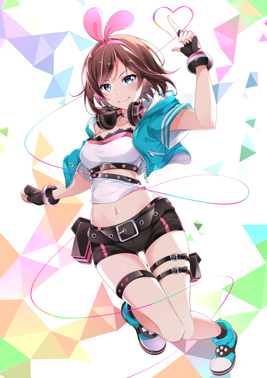 1girl a.i._channel absurdres bangs belt black_gloves black_shorts blue_eyes bracelet brown_hair collarbone crop_top fingerless_gloves floating_hair full_body gloves hairband headphones headphones_around_neck heart highlights highres index_finger_raised jewelry kizuna_ai looking_at_viewer masabodo midriff multicolored_hair navel pink_hairband shiny shiny_hair shirt short_hair short_shorts shorts solo stomach swept_bangs thigh_strap virtual_youtuber white_shirt